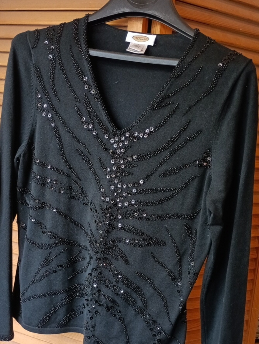 Elegant Black Beaded V-Neck Women's Dress Top Talbots Silk Size L